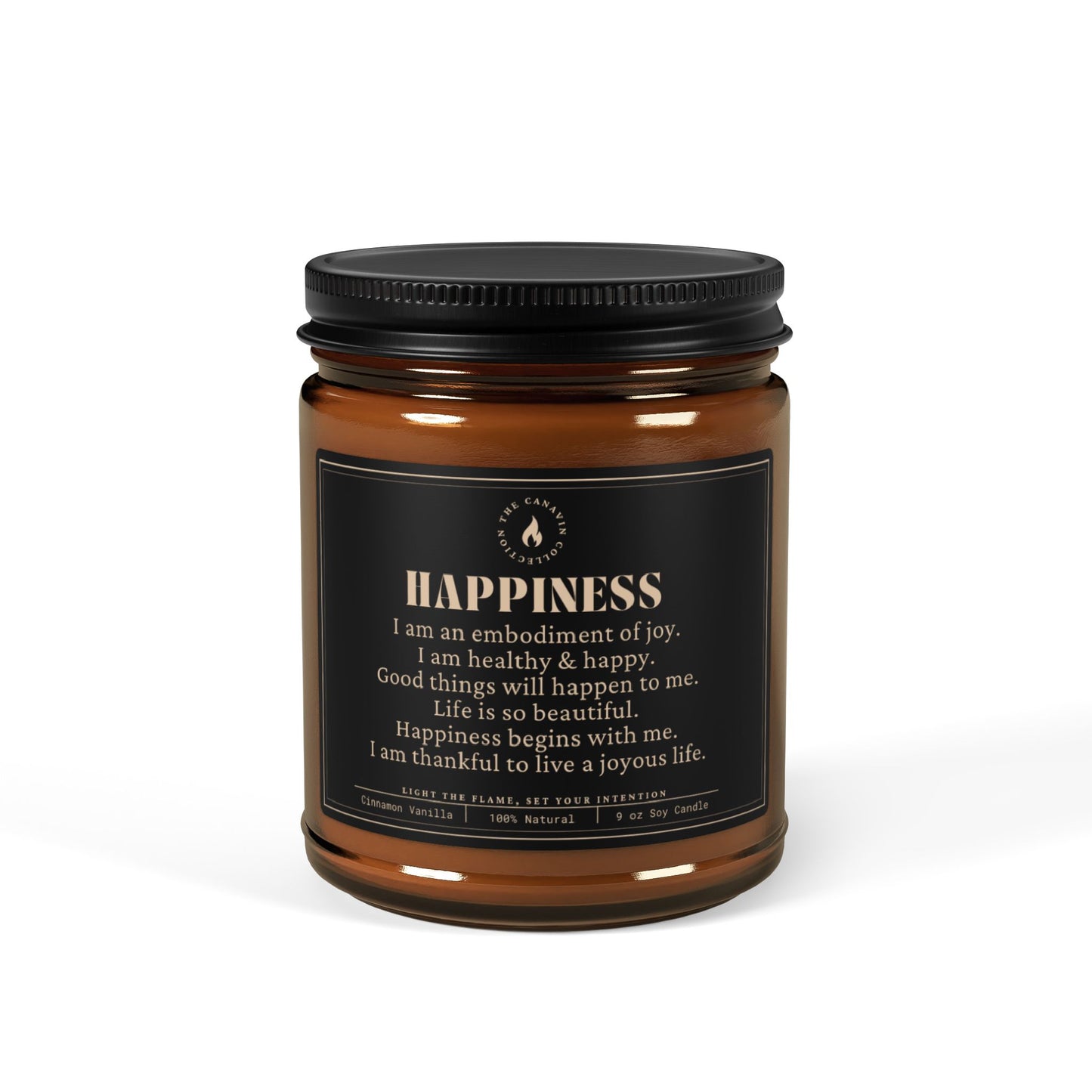HAPPINESS, Mindfulness Scented Candle, Cinnamon Vanilla, 9oz - Relaxing Aromatherapy, Gift Ideas, Home Decor, Self-Care, Manifest