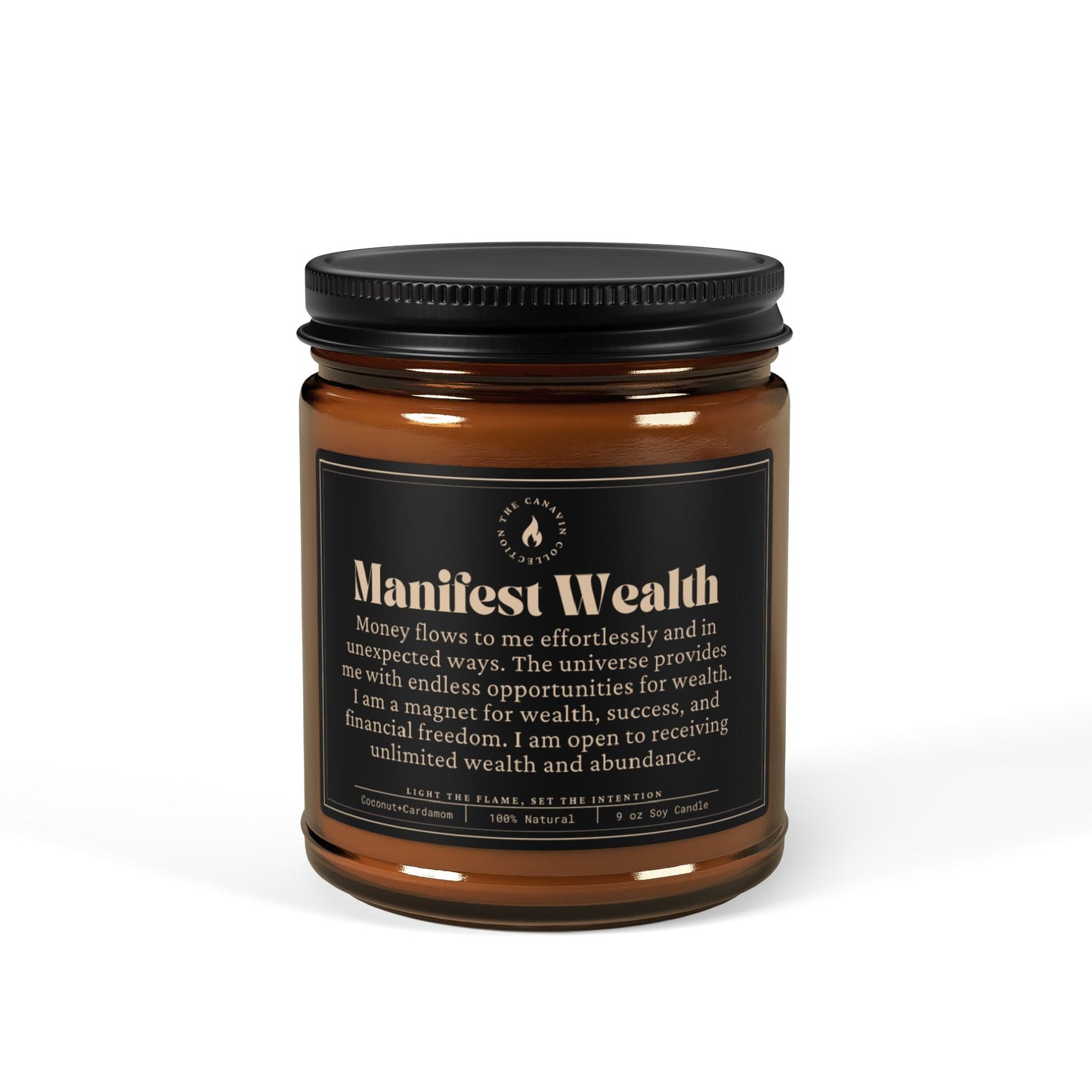 Manifest Wealth Scented Soy Candle - Abundance and Prosperity Affirmation - Amber Jar - Coconut Cream & Cardamom