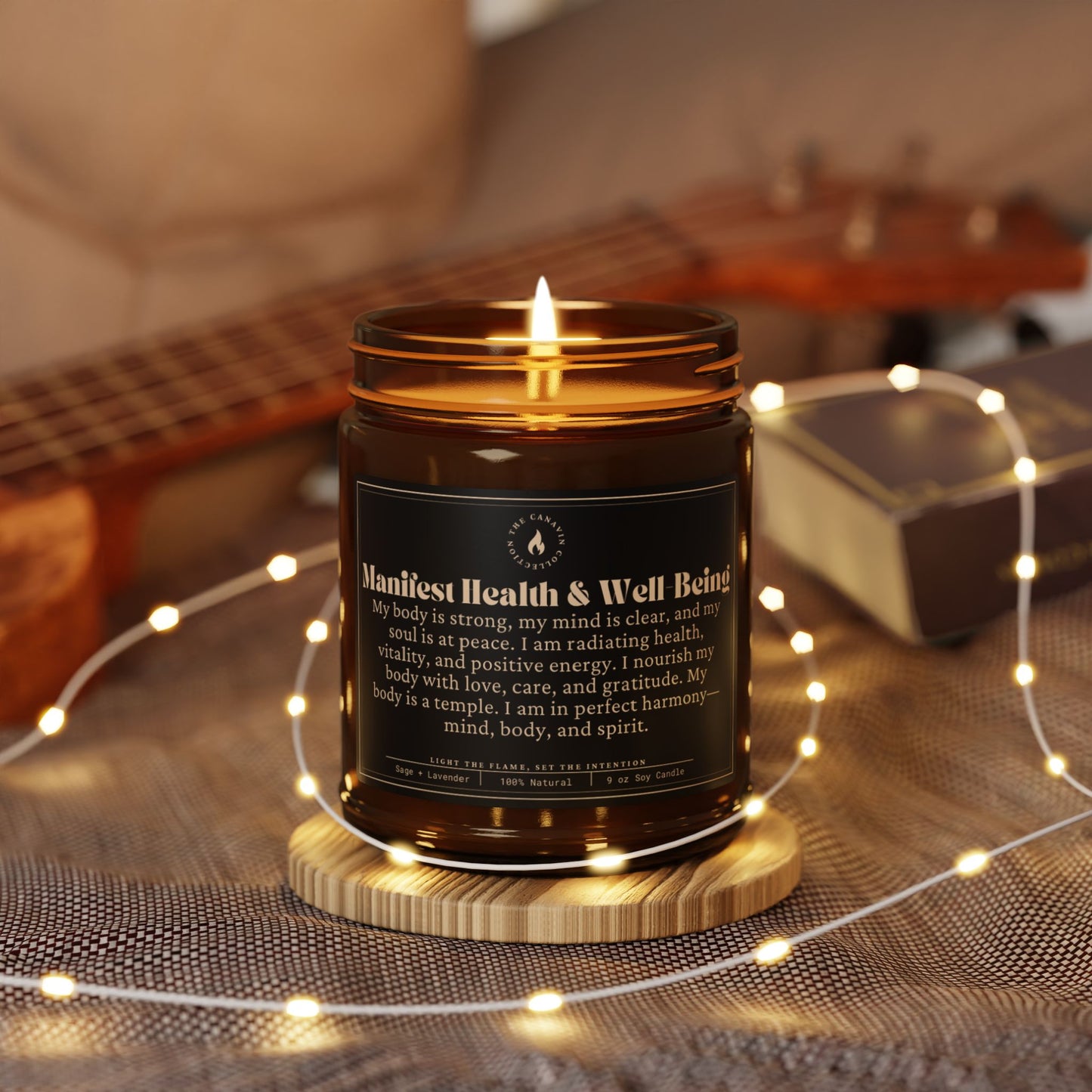 Manifest Health & Well-Being - Scented Soy Candle - Amber Jar - White Sage & Lavender