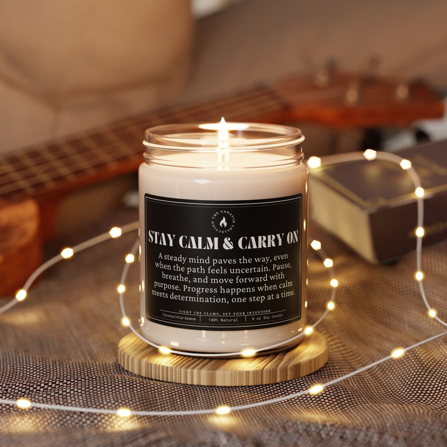 Stay Calm & Carry On - Scented Soy Candle - 9oz Mindfulness Candle for Home Relaxation - Coconut Cream & Cardamom