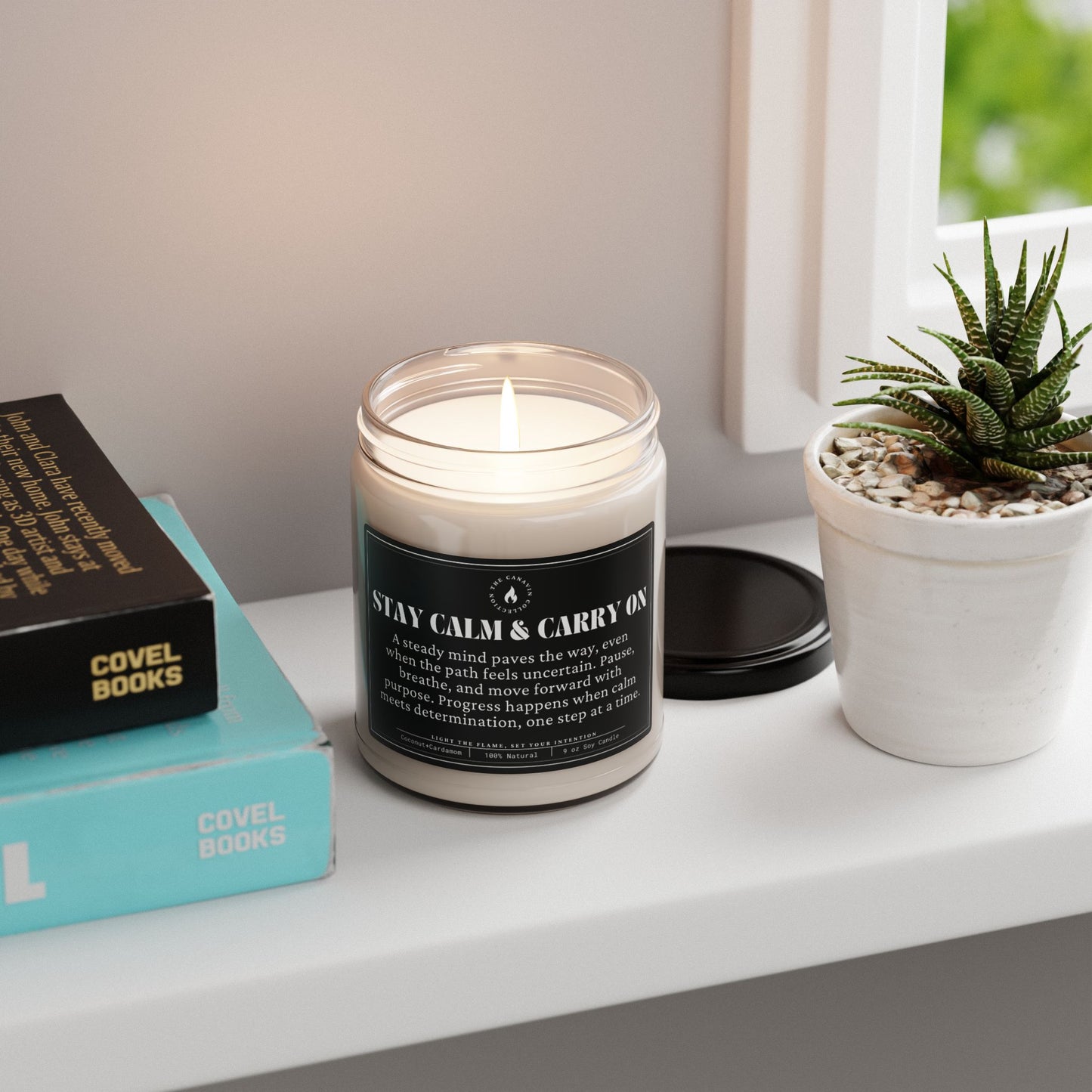 Stay Calm & Carry On - Scented Soy Candle - 9oz Mindfulness Candle for Home Relaxation - Coconut Cream & Cardamom