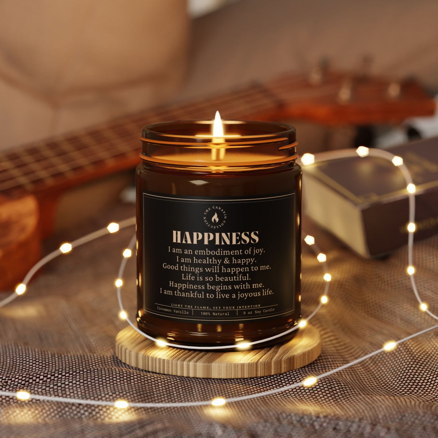 HAPPINESS, Mindfulness Scented Candle, Cinnamon Vanilla, 9oz - Relaxing Aromatherapy, Gift Ideas, Home Decor, Self-Care, Manifest
