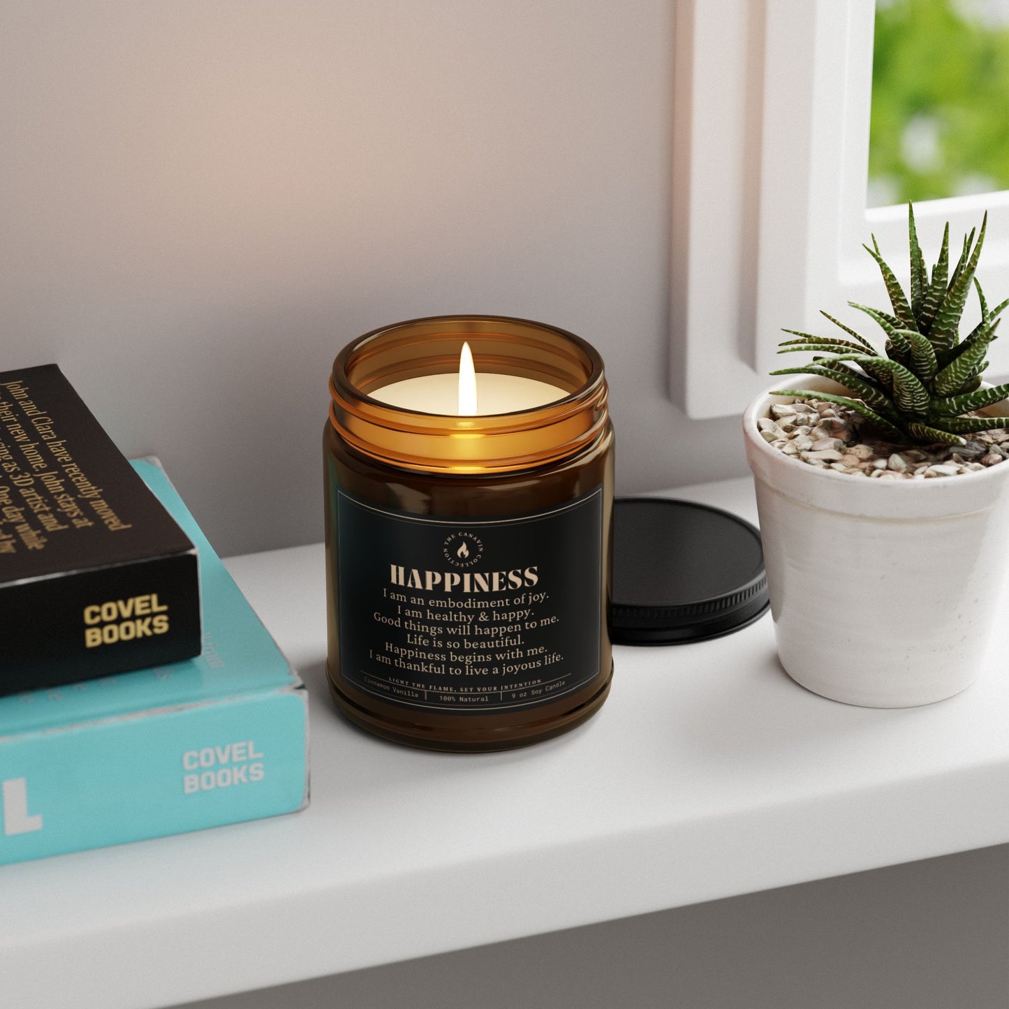 HAPPINESS, Mindfulness Scented Candle, Cinnamon Vanilla, 9oz - Relaxing Aromatherapy, Gift Ideas, Home Decor, Self-Care, Manifest
