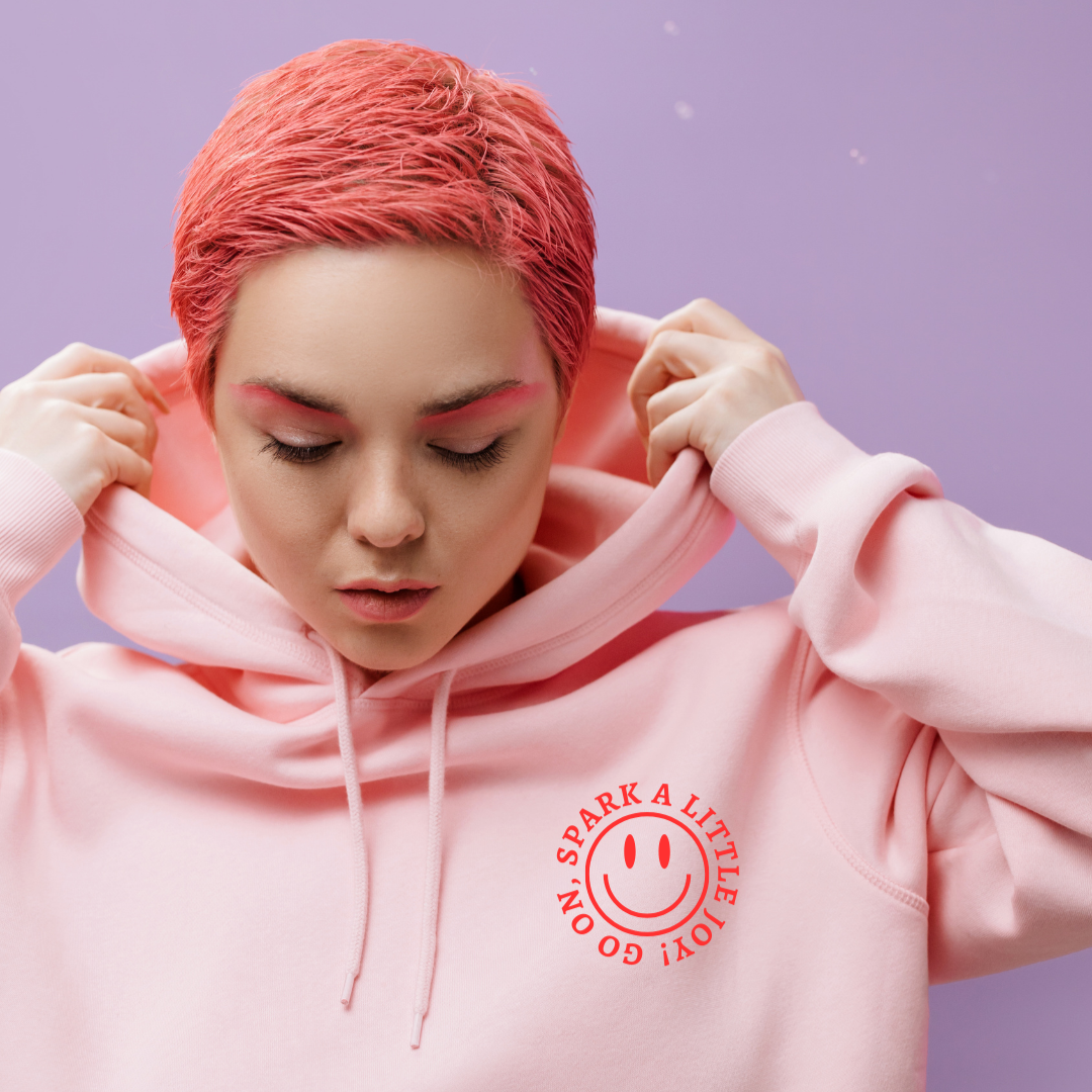 GO ON, SPARK A LITTLE JOY! - SMILE HOODIE Unisex Soft and Heavy Blend™ Hooded Sweatshirt-Comfort and Positivity-Pink